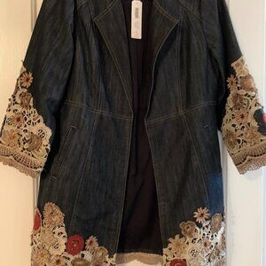 Chico's Size 1 Denim Jacket with Crocheted Sleeves and Hem
